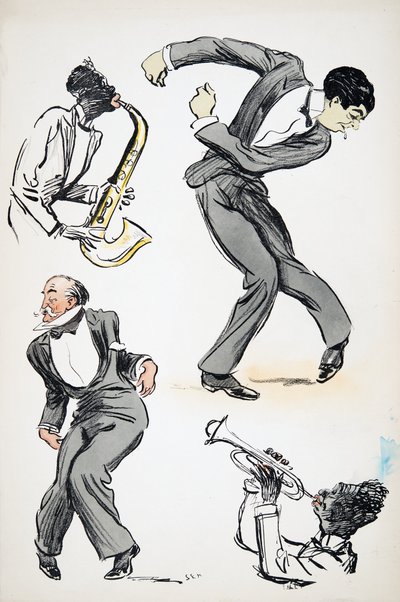 Two men in suits dancing while two musicians play the saxophone and trumpet, from White Bottoms, pub. 1927 by Sem